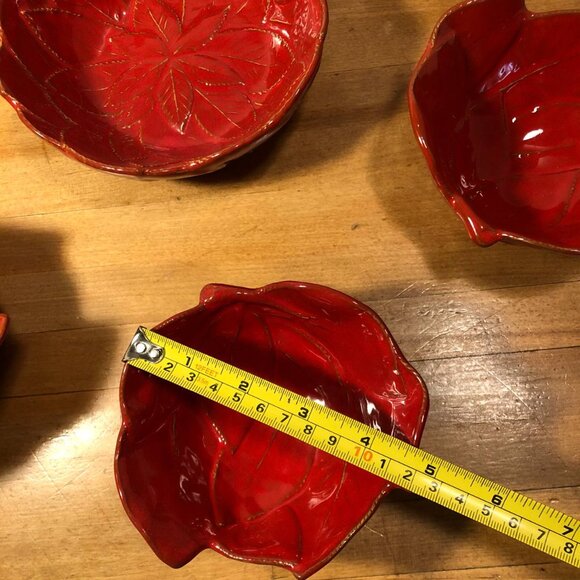 Set of 7 Red Leaf Poinsettia Serving Bowls Ceramic Glazed Holiday Christmas - Picture 3 of 10